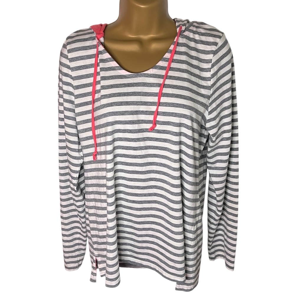 Sonoma Life + Style Hoodie Striped Pullover Hem Splits Gray/White M